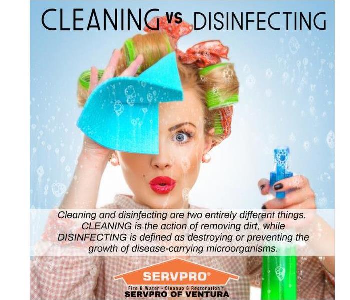 Cleaning vs Disinfecting - image of cartoon woman cleaning